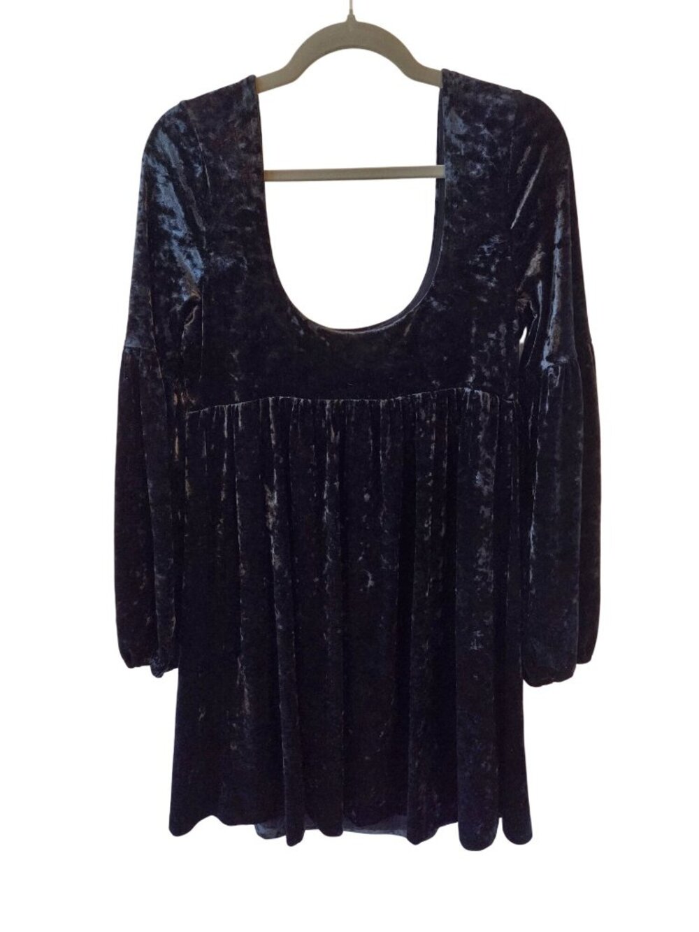 FREE PEOPLE Black Velvet Babydoll Dress With Long Balloon Sleeves Scoop Neck Siz - Picture 3 of 6